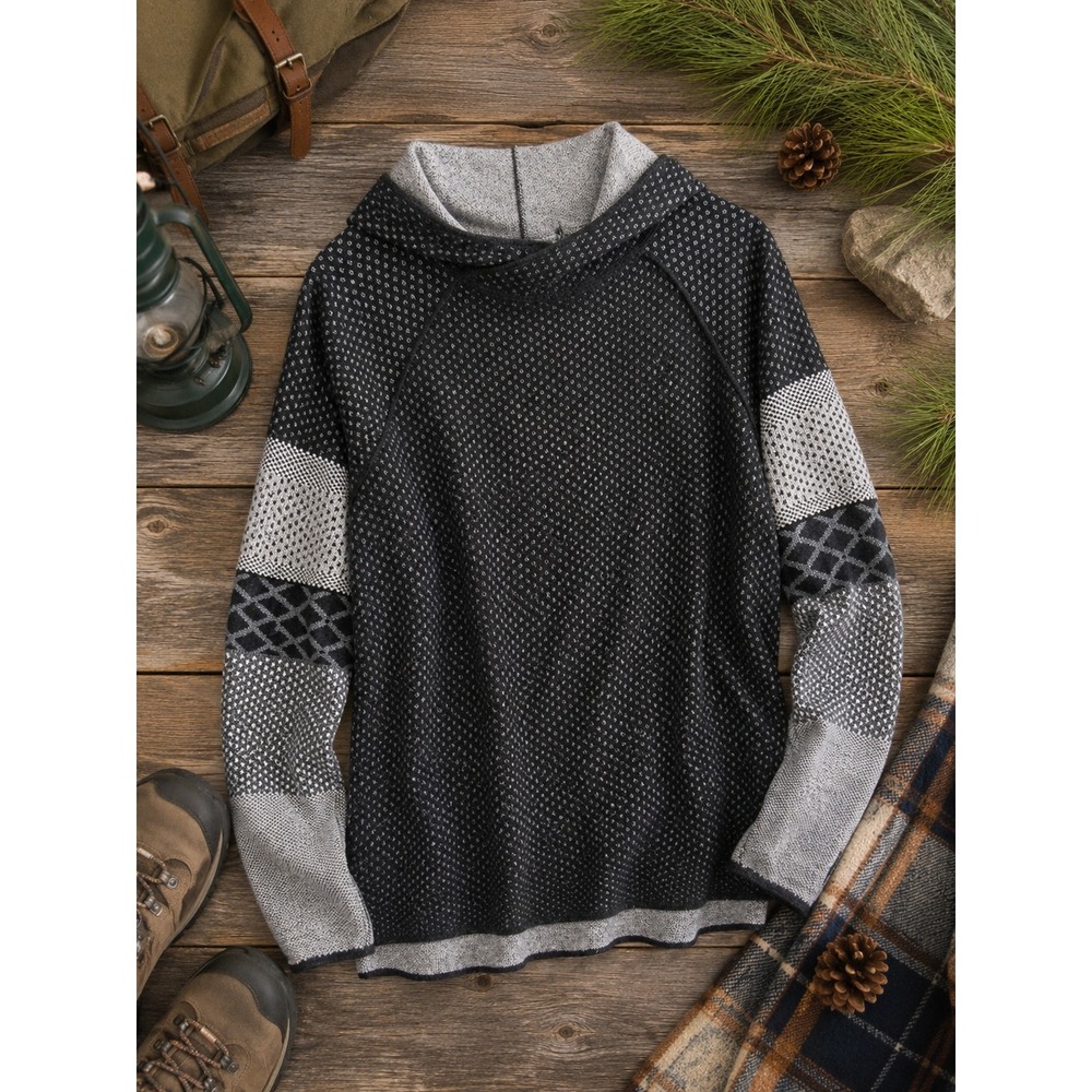 Krimson Klover Womens Merino Wool Blend Hoodie Sweater Black Gray Patterned L